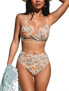 Cupshe Orange and Cream Floral High-Waist Bikini Set SZ M